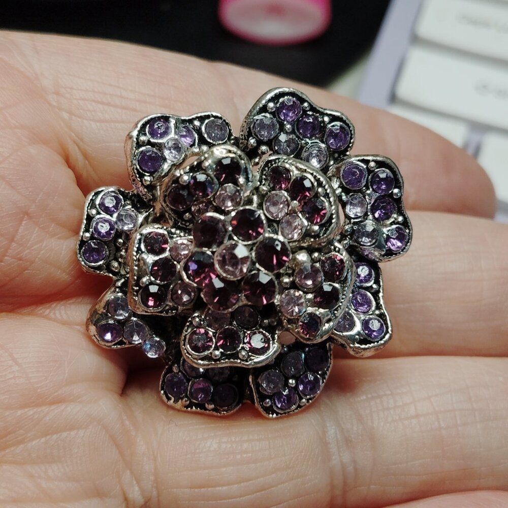 Floral Brooch Silver Tone Pink Purple Rhinestone Two Tier Flower 1.25 Inch